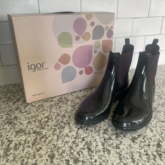 Women’s Rain Boots Igor Glossy Black Sz37 (US 7) - Picture 2 of 6